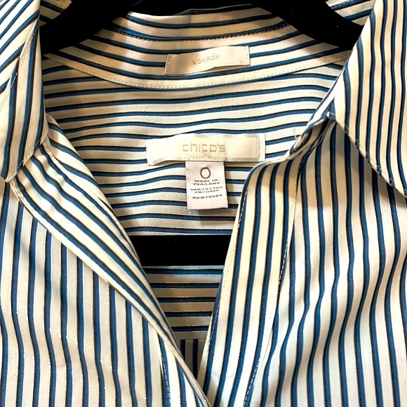 Chico's Tops - Chico’s Non-iron button blouse white with blue lurex stripes Size 0 (small)